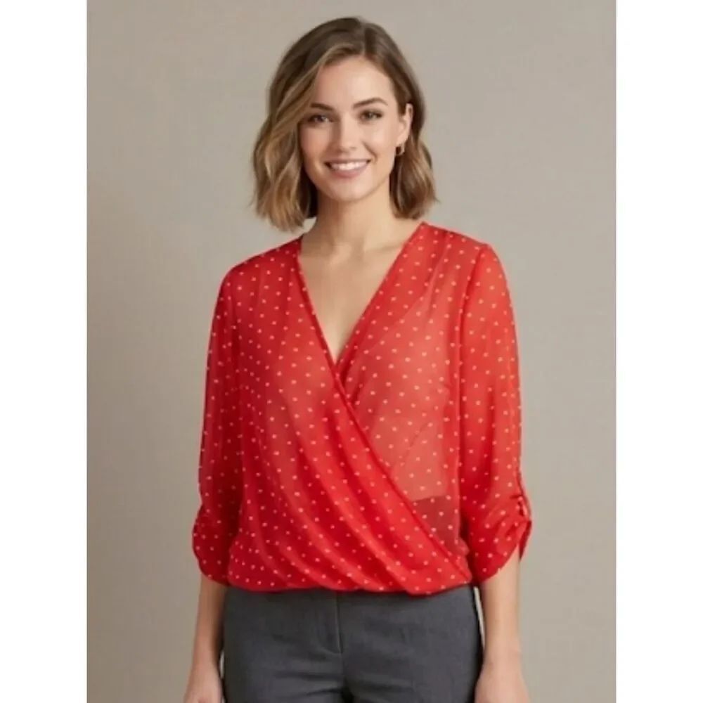 Decree Blouse Red Sz M Wrap style Sheer